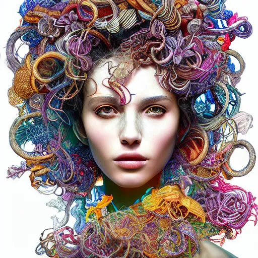 Image similar to the portrait of a ridiculously beautiful and elegant woman partially made of onion rings of all colors, an ultrafine detailed illustration by james jean, final fantasy, intricate linework, bright colors, behance contest winner, vanitas, angular, altermodern, unreal engine 5 highly rendered, global illumination, radiant light, detailed and intricate environment