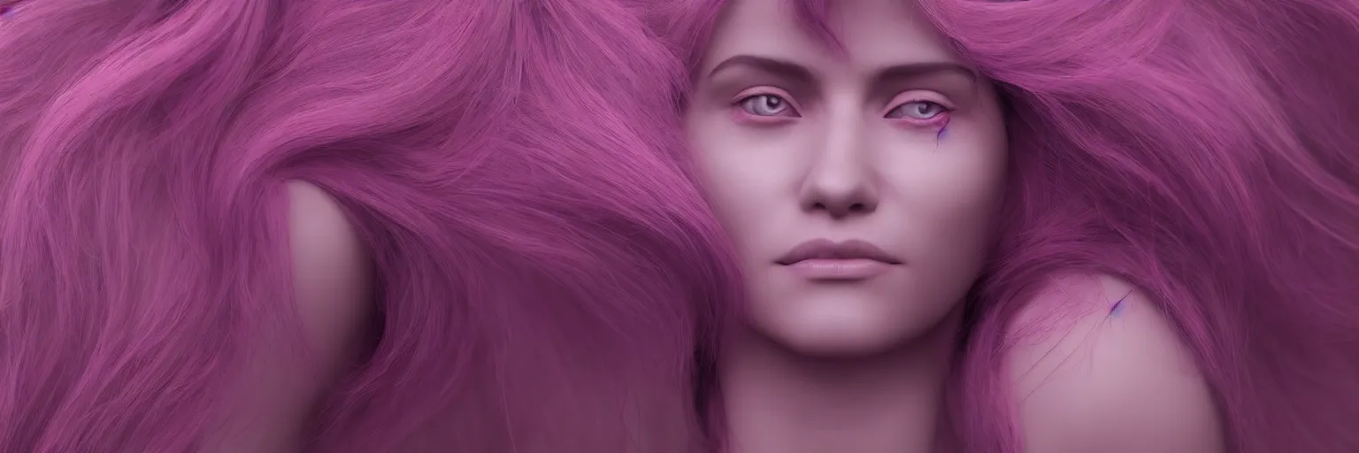 Image similar to A portrait of a very beautiful goddess with pink and deep purple hair radiating an artwork of volumetric displacement, houdini, arnold render, hyperrealism, subsurface scattering, 8k, xparticles