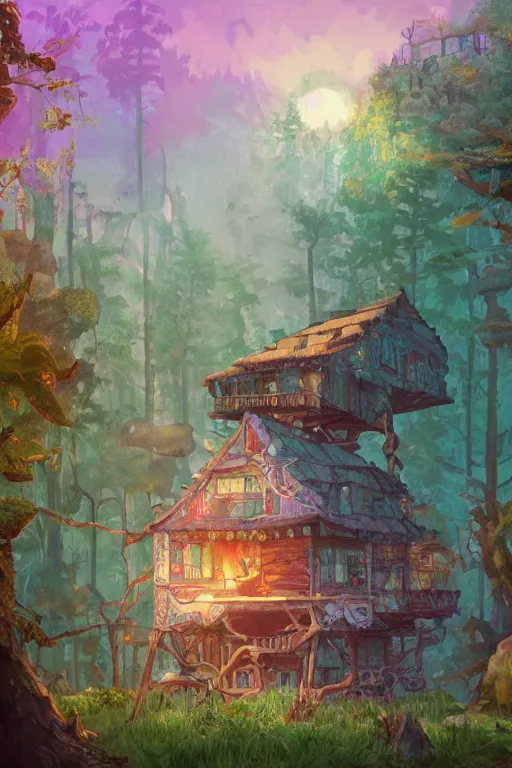 Prompt: a cheerful and whimsical ramshackle multistory hut in the woods, intricate, elegant, fantasy, highly detailed, digital painting, concept art, sharp focus, illustration, beautiful volumetric lighting, beams of light, epic light, artstation, magic hour lighting, colorful, sunshine, spring, art by Studio Ghibli