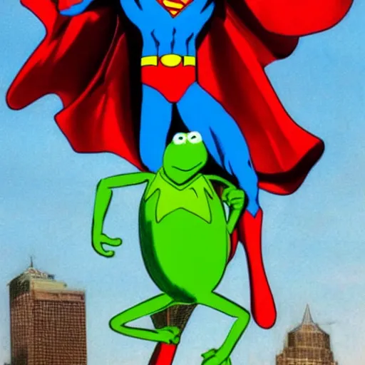 Image similar to superman holding kermit the frog by the throat, floating, superheroes, comic