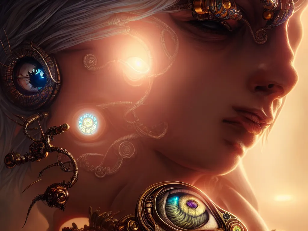 Prompt: ultra realistic beautiful cyborg deity eyes closed, fantasy, intricate details, movie still, highly detailed, photorealistic, octane render, eerie, 8k, art by artgerm and james clyne and greg rutkowski and alphonse mucha