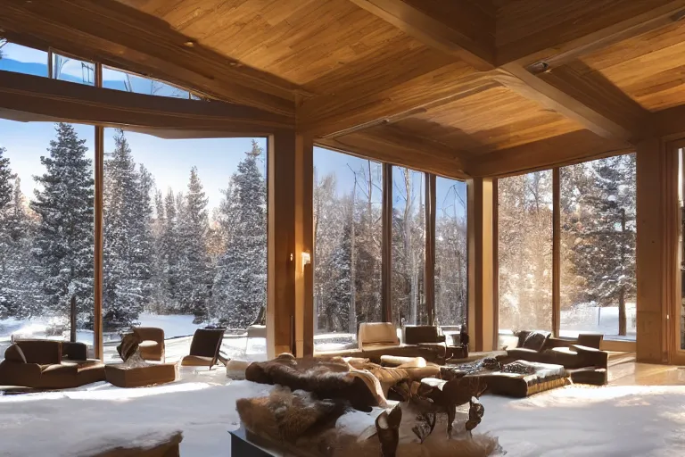 Prompt: interior of a beautiful modern stone mansion in Aspen, golden hour, gentle snow, sunbeams, volumetric lighting, by Emmanuel Lubezki