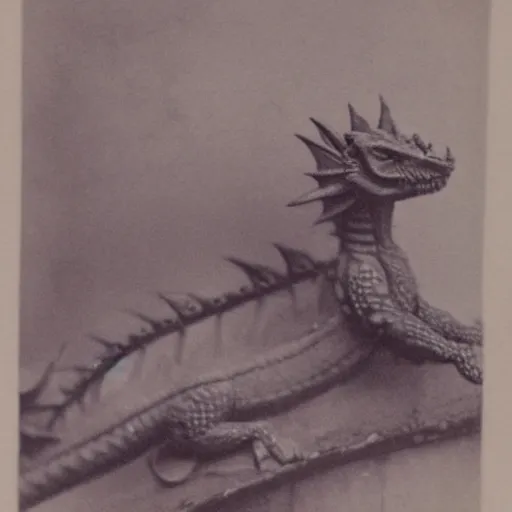 Prompt: victorian photograph of a baby dragon, cute, scaly, grainy photo, blurry, 1 9 0 0, 1 8 8 0 s