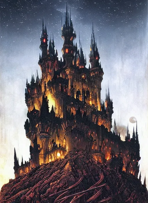 Prompt: giant gorgeous castle with a lot of small towers and spikes, deep night scene with a lot of fire and magical sky with two moons and a lot of stars. d & d, dark fantasy, gorgeous lighting, highly detailed, volumetric lights. by zdzisław beksinski and norman rockwell and greg rutkowski. weta studio, and lucasfilm