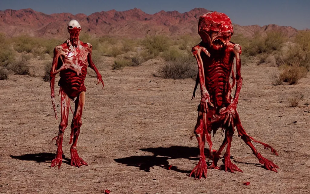 Prompt: in the desert a bloody gross horrifying The Thing creature made of muscle and bone and blood stares at the camera, eating, it walks on two legs, mid day, 35mm photography, realistic,