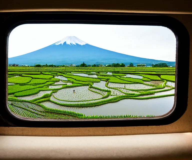 Prompt: a photo of mount fuji, japanese landscape, rice paddies, seen from a window of a train. cinematic lighting.