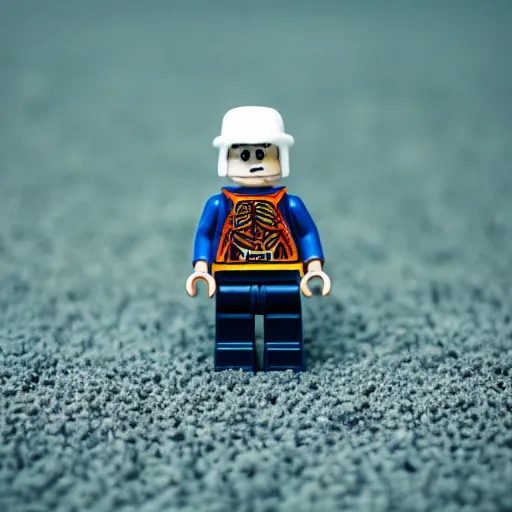 Prompt: macro photography of a minifigure walking on the carpet, 3 5 mm