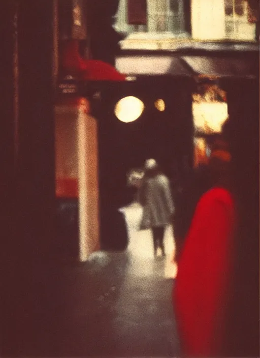 Image similar to portrait, blurry, street photography by saul leiter, red, pale