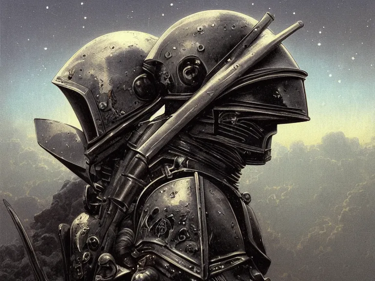 Image similar to a detailed profile painting of a bounty hunter in engraved knight armour and visor. cinematic sci-fi poster. Cloth and metal. Welding, fire, flames, samurai Flight suit, accurate anatomy portrait symmetrical and science fiction theme with lightning, aurora lighting clouds and stars. Clean and minimal design by beksinski carl spitzweg giger and tuomas korpi. baroque elements. baroque element. intricate artwork by caravaggio. Oil painting. Trending on artstation. 8k