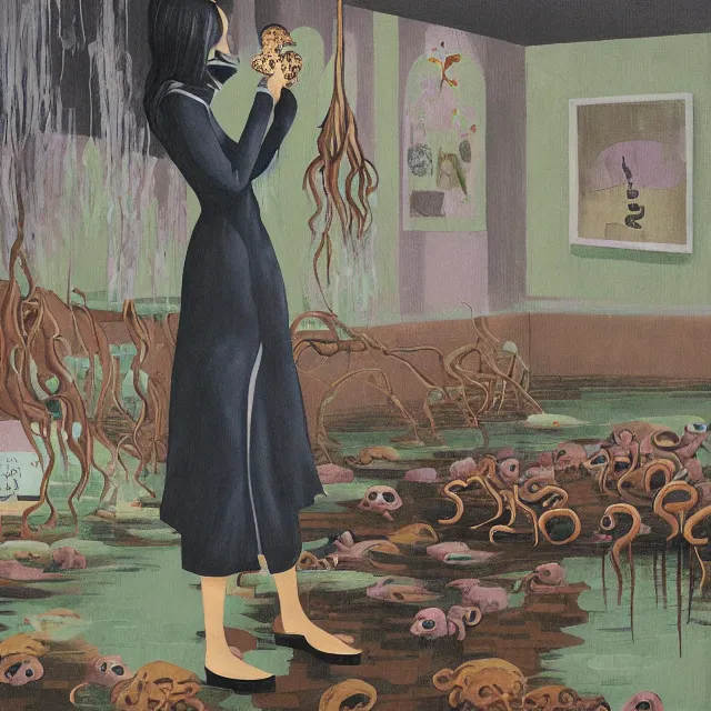 Image similar to tall female emo artist holding an octopus in a flooded starbucks, bagels, pigs, water gushing from ceiling, painting of flood waters inside a cafe, a river flooding indoors, pomegranates, pigs, ikebana, water, octopus, river, rapids, waterfall, black swans, zen, canoe, berries, acrylic on canvas, surrealist, by magritte and monet