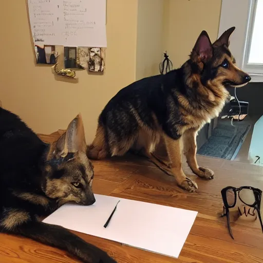 Prompt: my tabby helping my GSD write an email to list grievances about not getting enough treats, they are very serious, serious business, digital art, 3D, anamorphic