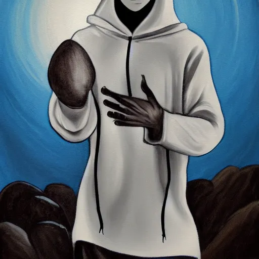 Prompt: a painting in gothic style of a guy with white hoodie pushing a big rock. modern clothes