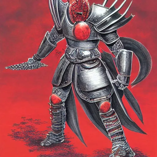 Image similar to a beautiful painting of the berserker armor from the manga berserk with the helmet showing a fearsome fox shape with glowing red eyes by moebius, berserk manga