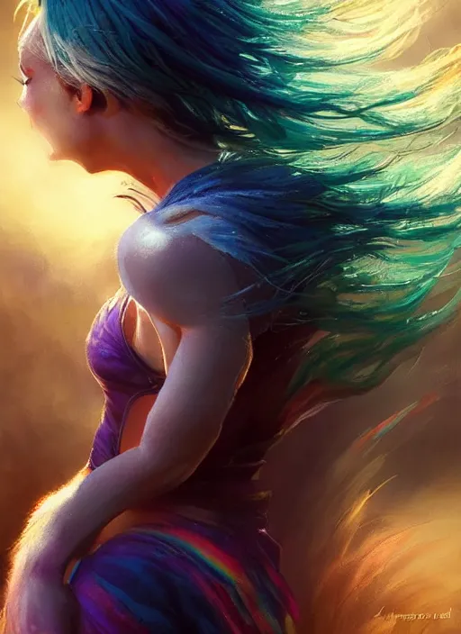 Image similar to girl with rainbow hair, pixie haircut, beautiful highly detailed face, complementary lighting, backlit, black eyeshadow, grinning, adventure, dramatic lighting, landscape background, beautiful painting by artgerm and greg rutkowski and raymond swanland