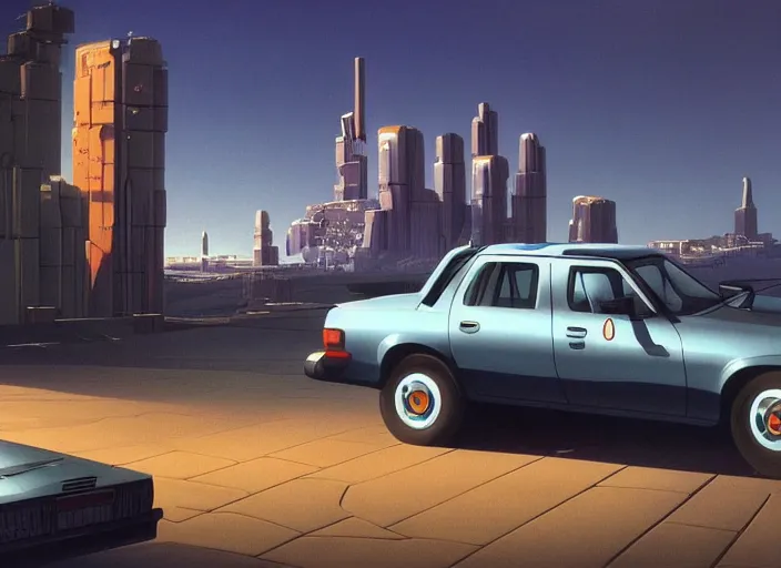 Image similar to a sport sedan truck in a future city. style by peter elson and eyvind earle.