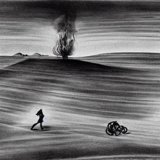 Image similar to a landscape portrait of black sunday during the dust bowl as imagined by salvador dali