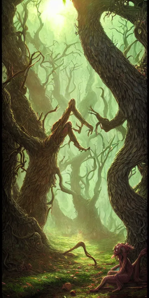 Prompt: ents, daily deviation, classic fantasy art epilogue, magical forest, treefolk, morning sunshine, magic the gathering