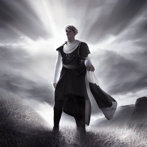 Image similar to a portrait of a young handsome prince, white fringy hair, white shirt under a black tunic, smooth, epic landscape, backlit, incredible lighting, strong rim light, highly detailed, god rays, digital painting, HDRI, by Heise Jinyao, Heise-Lian Yan Fang, Feimo, Richard Taddei, vivid colors, high contrast, 8k resolution, intricate, photorealistic