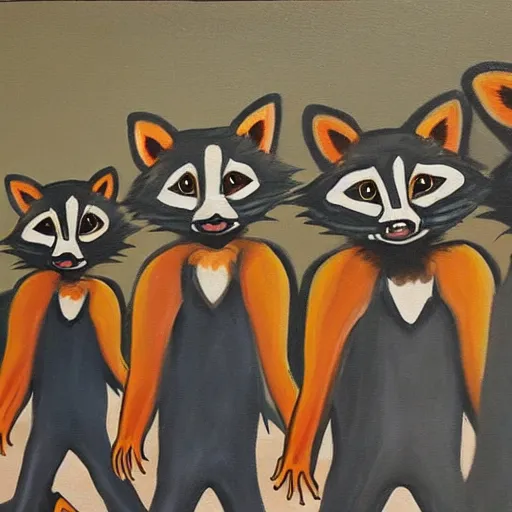 Prompt: a painting of a gang of racoons in the bowling alley, causing trouble