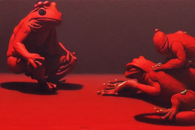 Image similar to only with red, a red samurai harakiri, tokio, a lot of frogs watch, in the style of beksinski, parts by edward hopper, parts by rodcenko, parts by yue minjun, intricate and epic composition, red by caravaggio, insanely quality, highly detailed, masterpiece, red light, artstation, 4 k