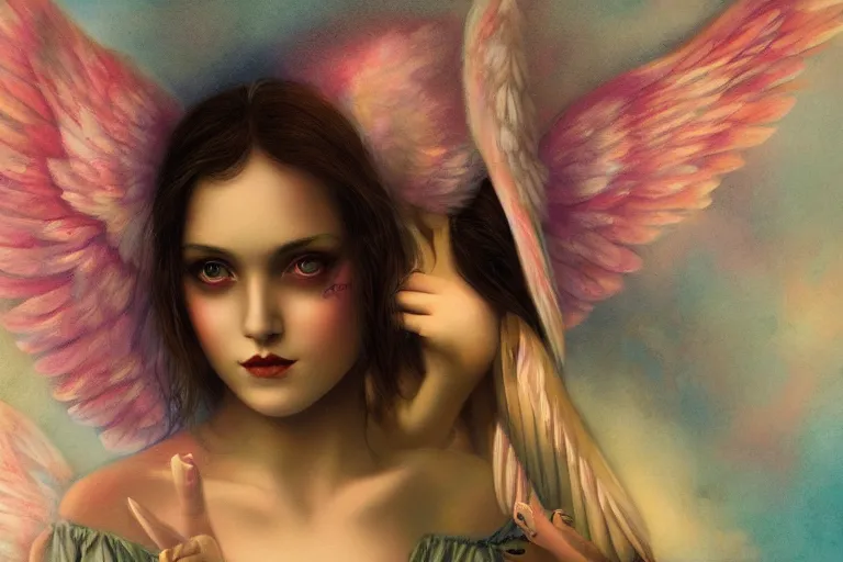 Image similar to pretty angel girl with wings photograph in the style of tom bagshaw, colorful, realistic, 8 k