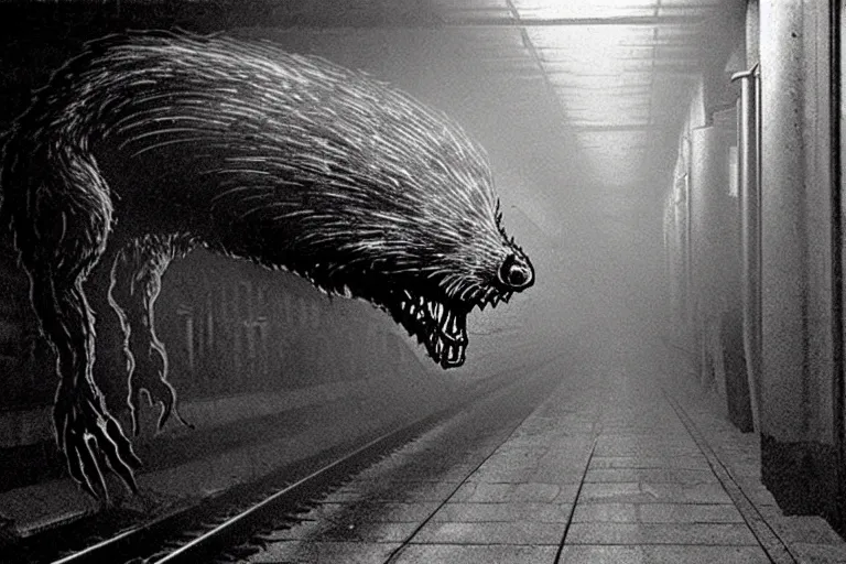 Image similar to very large giant mutant zombie irradiated ( angry rat ) staying on railways in tonnel of moscow subway. tonnel, railways, giant angry rat, furr, fangs, claws, very realistic. fog, extreme long shot, herman nitsch, giger.