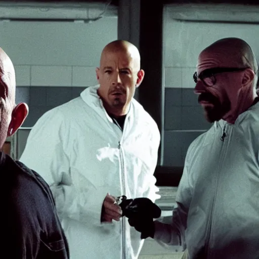 Prompt: film still of vin diesel as walter white selling meth in Breaking Bad