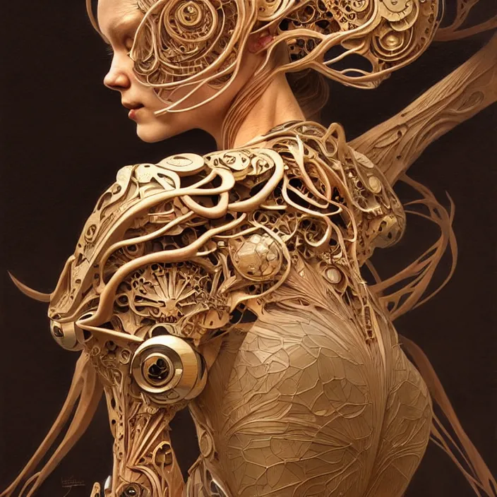 Image similar to organic cyborg, japanese wood carving, diffuse lighting, fantasy, intricate, elegant, highly detailed, lifelike, photorealistic, digital painting, artstation, illustration, concept art, smooth, sharp focus, art by John Collier and Albert Aublet and Krenz Cushart and Artem Demura and Alphonse Mucha