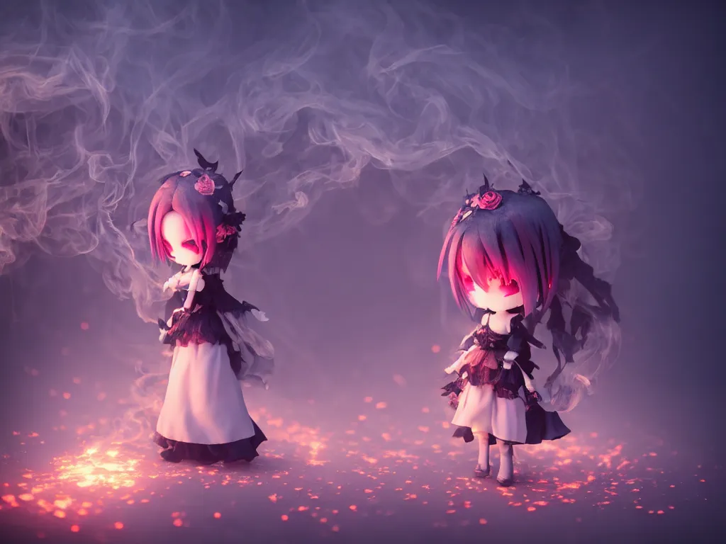 Image similar to cute fumo plush of a gothic maiden girl clutching lots of decayed roses, stale twilight, swirling vortices of emissive smoke and volumetric fog over the river, bokeh, vignette, vray