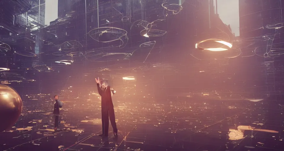 Prompt: Dramatic photo of a CEO waving to a large group of his coworkers in a futuristic office. Golden coins are levitating all around them. 8k, high detail, trending on Artstation, volumetric lighting, cyberpunk