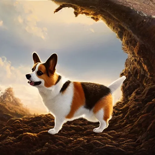 Image similar to an corgi leaving the nest to fly for the first time, oil on canvas, portrait, intricate, 8k highly professionally detailed, HDR, CGsociety