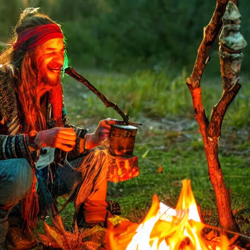 Image similar to hippie tribal hobo witch doctor wearing twigs and leaves smiling sheepishly, campfire, bong, water pipe, highly detailed, dramatic lighting, night time, cinematic, hyperrealistic, detailed, movie still from game of thrones