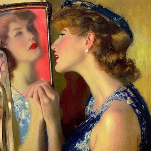 Prompt: Taylor Swift kissing her reflection, 1950s, modest, elegant clothing, tiara, mild impressionism, award winning, by Ilya Repin