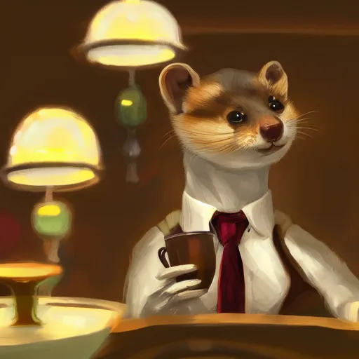 Image similar to a weasel in a suit was drinking tea, surrounded by tea houses ambient lighting, 4 k, russ mill, artstation