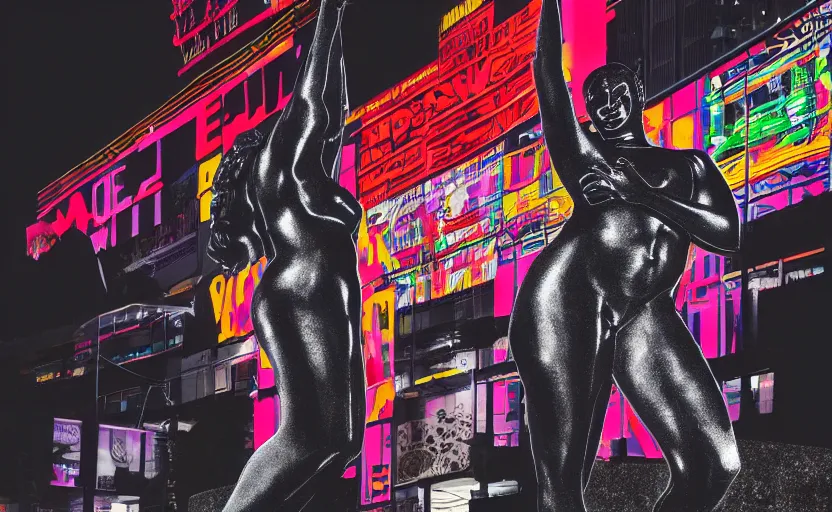 Image similar to night time photo of billboard advertisement of extremely beautiful female black marble statue in the style of virgil abloh, colorful motocross logos behind her, sharp focus, clear, detailed,, cinematic, detailed, off white, glamourous, symmetrical, vogue, editorial, fashion, magazine shoot, glossy