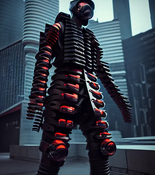 Image similar to complex 3 d render, hyper detailed, cyberpunk android street samurai, samurai armor plate, japanese patterns, digital portrait, elegant, hyper realistic, techwear clothing, octane render, darriel diano style, volumetric lighting, 8 k post - production, artstation hq, unreal engine 5, unity engine