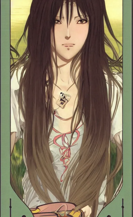 Image similar to badminton girl player, trading card front, anime style, long hair, hair down, symmetrical facial features, hanebado, hyper realistic, pale skin, 4 k, rule of thirds, extreme detail, detailed drawing, trending artstation, hd, sport, d & d, realistic lighting, by alphonse mucha, greg rutkowski, sharp focus, backlit