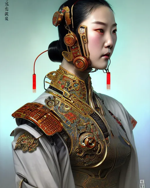 Image similar to portrait of a chinese cyberpunk machine, machine face, upper half portrait, decorated with chinese opera motifs, regal, asian, fine china, wuxia, traditional chinese art intricate intense elegant 京 剧 highly detailed digital painting artstation concept art smooth sharp focus illustration, art by artgerm and greg rutkowski alphonse mucha 8 k