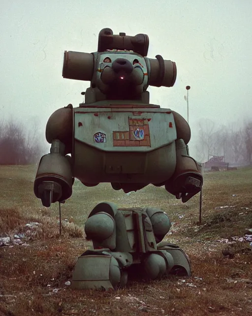 Image similar to giant oversized chubby bulky armored train pug dog robot mech, with big pug head , rocket launcher , on a village , Cinematic focus, fujicolor photo, vintage, neutral colors, soft lights, foggy, panorama by by Serov Valentin, by lisa yuskavage, by Andrei Tarkovsky