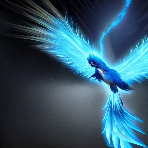 Prompt: blue phoenix bird, his feathers are electrical discharges, it's flying between a storm, high - quality, realistic, the blue phoenix bird is on the center of the picture, there is space around the figure, fantasy digital art, trending in artstation