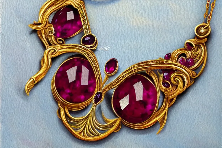 Image similar to highly detailed oil painting, front view, very realistic gemstones, art nouveau, ornate, delicate, brilliant ruby necklace, necklace on display, dramatic light,