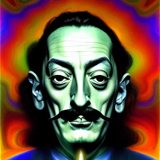 Image similar to An extremely psychedelic portrait of Salvador Dali, surreal, LSD, face, detailed, intricate, elegant, lithe, highly detailed, digital painting, artstation, concept art, smooth, sharp focus, illustration