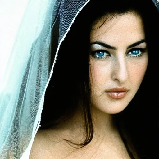 Image similar to young arab Monica Bellucci, blue eyes, white veil, DSLR, closeup, focus