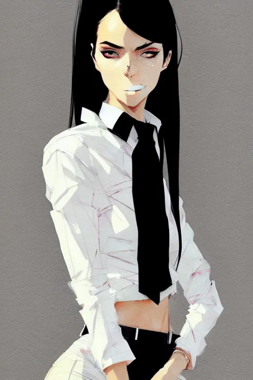 Image similar to a ultradetailed beautiful panting of a stylish woman, she is wearing a white shirt with a tie and black pants, by conrad roset, greg rutkowski and makoto shinkai trending on artstation