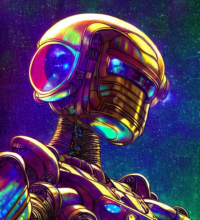 Image similar to a portrait of a mecha dragon in a iridescent intricate spacesuit, galactic landscape, space travel, lens flare,, digital art, 4 k, golden synthwave color palette, vintage sci - fi soft grainy, inspired moebius, inspired by tim white, in the style of studio ghibli