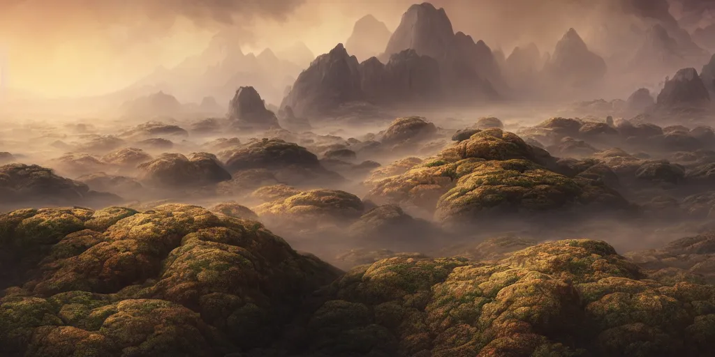 Image similar to A landscape of an alien planet stretching as far as the eye can see, with misty rolling hills on bizarre floating rock formations, vigorous misty mountains, and rainy thunderclouds, raining, landscape photography, landscape imagery, landscape perspective, trending on artstation, artstationHD, artstationHQ, 4k, 8k.