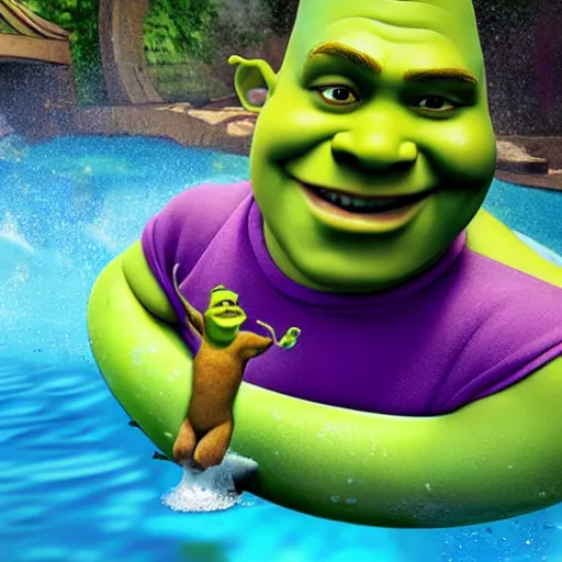 Image similar to shrek in a water slide, realistic photo, hyperrealistic