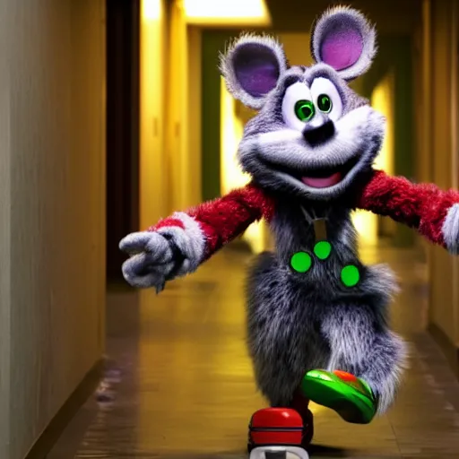 Image similar to movie still of chuck e cheese standing creepily in a empty hallway, dark energy, 4 k, directed by todd philips