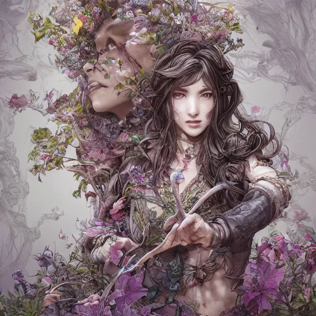 Image similar to the portrait of chaotic good female druid botanist as absurdly beautiful, gorgeous, elegant, young gravure idol, an ultrafine hyperdetailed illustration by kim jung gi, irakli nadar, intricate linework, bright colors, octopath traveler, final fantasy, unreal engine 5 highly rendered, global illumination, radiant light, detailed and intricate environment