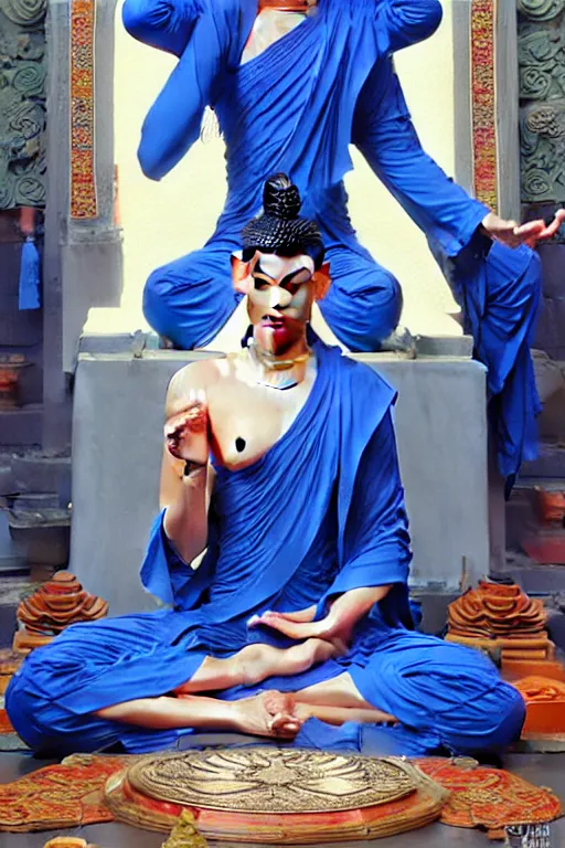 Image similar to buddhism, temple, blue clothes, painting by greg rutkowski, j. c. leyendecker, artgerm